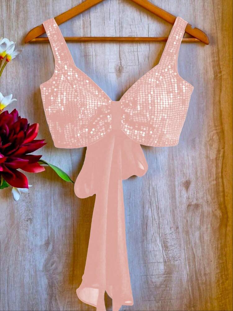 SHEIN Franclia Women's Backless Sequin Crop Top,Dusty Pink Summer 70s Party Date Night Sparkling Rhinestone Bow Knot Strappy Top Elegant Blush Pink Camisole - Baby Pink - View 1