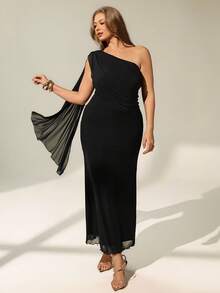 Auralis Plus Size Elegant Solid Color Asymmetric Neckline One Sleeve Black Formal Evening Dress For Women,Autumn Curve Wedding Party Summer Outfit,Formal - Black - View 1