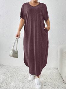 SHEIN Essnce 大码女装春夏新款时尚通勤休闲口袋开衩长款睡袍连衣裙 - 中紫紅色 - 查看 6