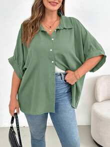 SHEIN Essnce Áo sơ mi nữ cỡ lớn thời trang xuân hè, dáng rộng thoải mái, đa năng, ôm nhẹ, màu đen cài nút, kiểu dáng đơn giản, thích hợp mặc hàng ngày, áo kiểu công sở, áo đồng phục giáo viên. - Màu xanh Bạc hà - Xem 3