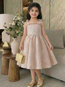 SHEIN Young Girl Sweet & Cute Jacquard Sleeveless Princess Dress - Khaki - View 6