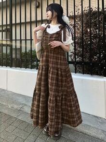 FRIFUL Women's Plaid Minimalist Casual Long Dress Summer - Brown - View 4