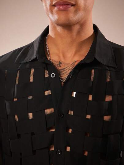 FeverCity Men's Semi-Transparent Button-Down Long Sleeve Shirt