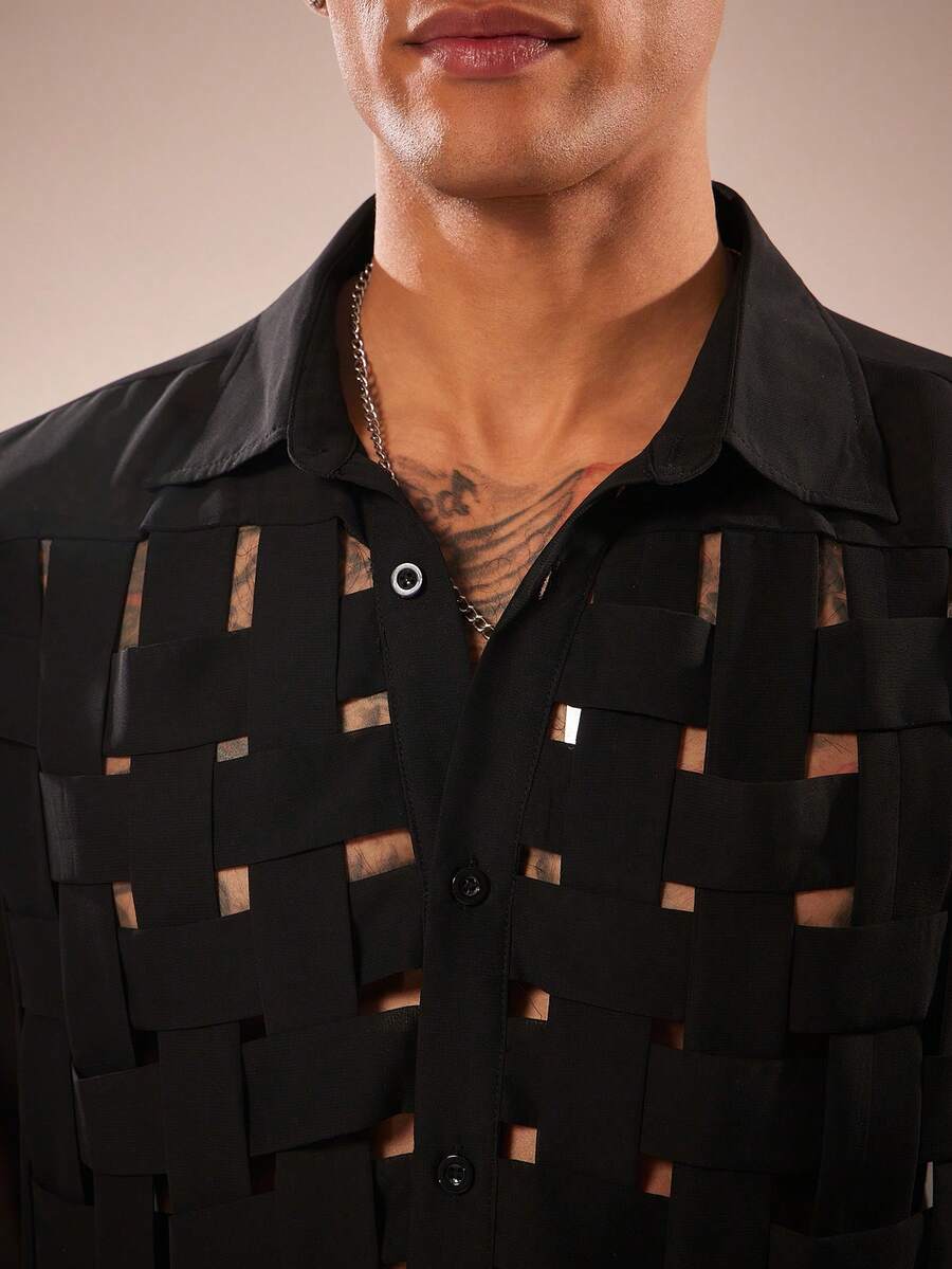 FeverCity Men's Semi-Transparent Button-Down Long Sleeve Shirt - Black - View 1