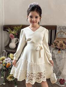 DAZY 女童（小号）V领系带韩版休闲荷叶边系带下摆派对生日连衣裙 - 白色 - 查看 1
