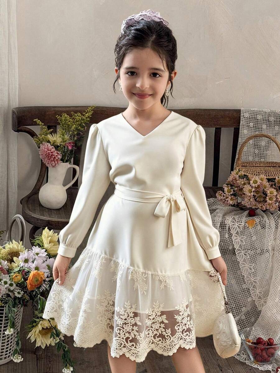 DAZY 女童（小号）V领系带韩版休闲荷叶边系带下摆派对生日连衣裙 - 白色 - 查看 1