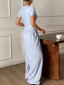 DAZY Cute Apple Print All-Over Knit Women Pajama Set - Blue - View 2