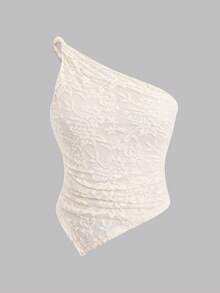 SHEIN 少女休闲优雅蕾丝扭结单肩修身T恤，适合日常穿着 - 白色 - 查看 2