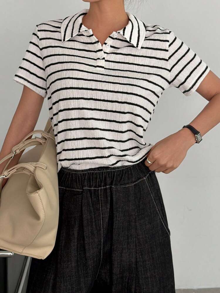 Women's Striped Polo Collar Textured Casual T-Shirt, Summer
