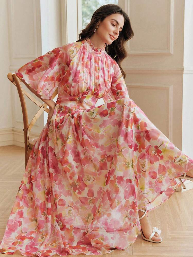 Elegant Multicolor Floral Random Print Long A Line Ball Gown With Ruffle Hem Stand Collar Half Puff Sleeve Woven Fabric Dress