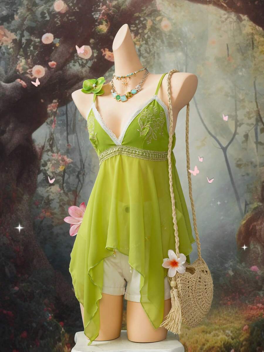 SHEIN DivaQ Áo hai dây thêu màu xanh lá cây thời trang dành cho nữ, kiểu dáng nghỉ mát.