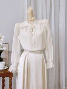 Modelyn New Luxury Elegant Lantern Sleeve Ruffle Beaded Charming Romantic Party Blouse - Apricot - View 1