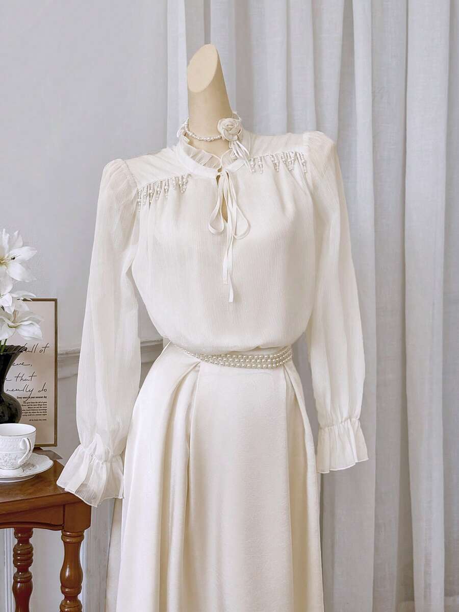 Modelyn New Luxury Elegant Lantern Sleeve Ruffle Beaded Charming Romantic Party Blouse - Apricot - View 1