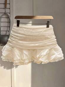 Sweetra New Design Fashionable Versatile Sweet Patchwork Pleated Ruffle Hem Slim Fit Skirt, Summer - Apricot - View 1