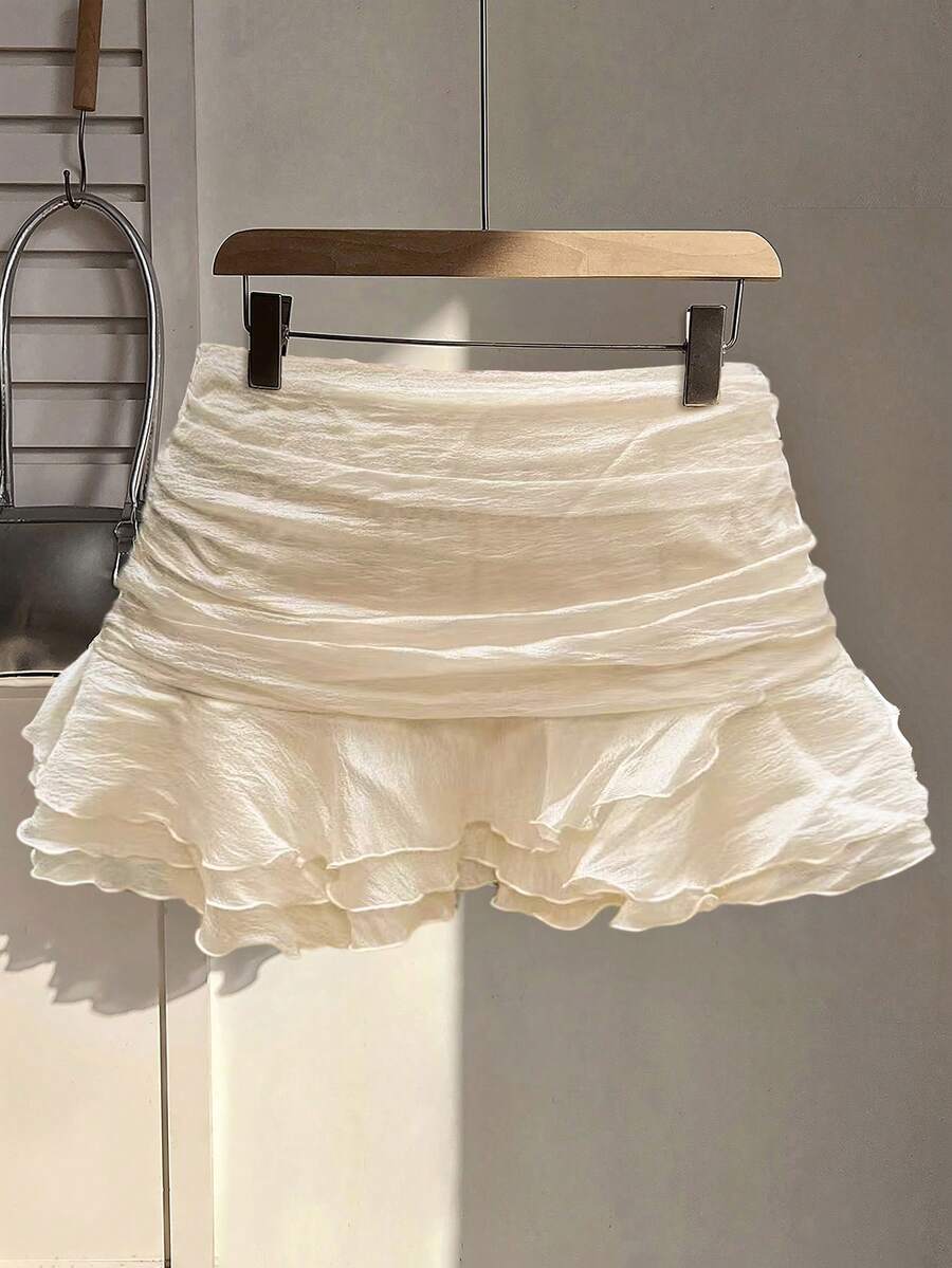 Sweetra New Design Fashionable Versatile Sweet Patchwork Pleated Ruffle Hem Slim Fit Skirt, Summer - Apricot - View 1