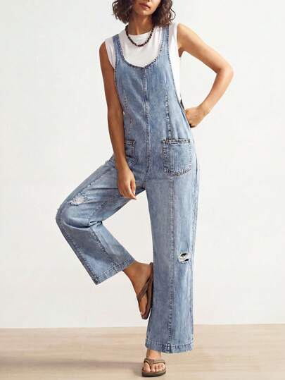  Bohemela 女士牛仔背带裤/连体裤，可调节肩带，休闲背带裤，舒适牛仔面料，春夏百搭牛仔背带裤