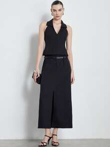 Aveloria Modichic Summer Elegant Black Date Night French Chic 2-Piece Set,Sleeveless Collared Vest & High-Waisted Slit Skirt With Belt, Business Office Outfit - Black - View 6