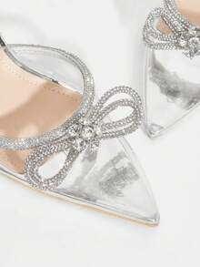 Glitzique Women's Bow Tie Strap Transparent Silver High Heel Pointed Toe High Heels Rhinestone Heel Party Dress Sandals - Silver - View 10