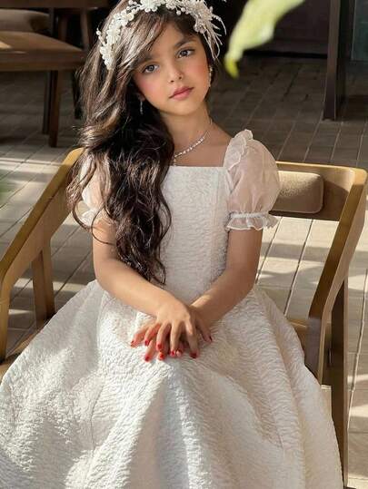 SHEIN Tween Girl Elegant Luxurious Patchwork White Square Collar Mesh Ruffle Puff Sleeve Floral Jacquard Fabric Long Dress, Elegant Party Dress, Wedding Season Party Dress, Flower Girl Dress White Dress For Church Teen Girl Spring Dress Puff Sleeves Elegant White Dresses For Slim Girls