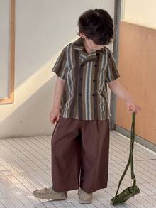 DAZY 男童条纹印花纽扣短袖休闲衬衫 - 棕色 - 查看 2