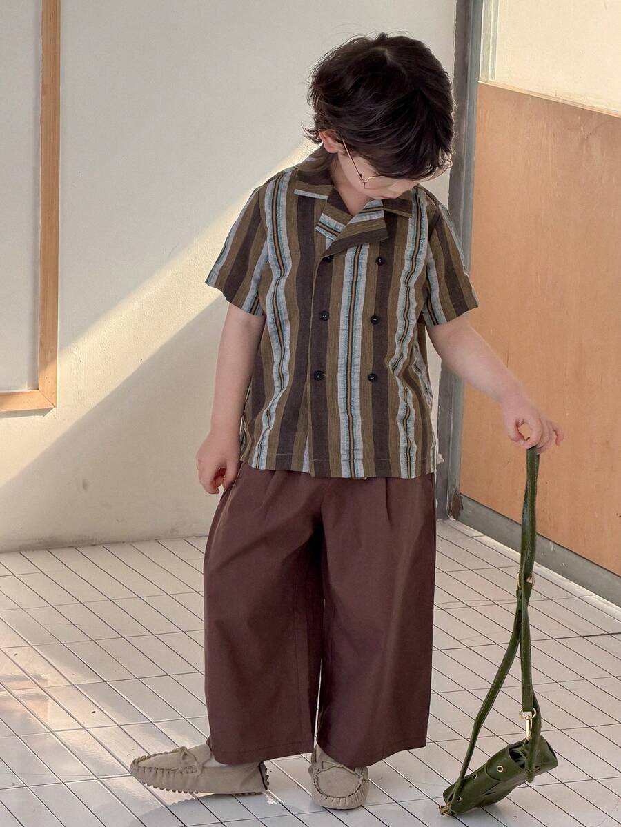 DAZY 男童条纹印花纽扣短袖休闲衬衫 - 棕色 - 查看 1