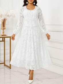 SHEIN Lady 两件套女士简约纯色系带长袖上衣和裙子套装 - 白色 - 查看 3