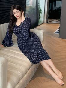 Dazy Plus Plus Size Women Allover Print V-Neck Flare Sleeve Elegant Nightgown Pajamas - Navy Blue - View 3