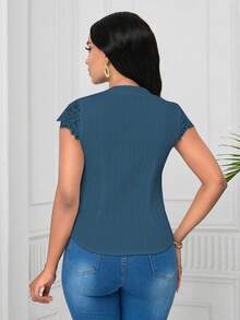 Lunelith SHEIN Lunessa Elegant Lace Patchwork Wave Striped Short Sleeve Women Blouse - Teal Blue - View 2