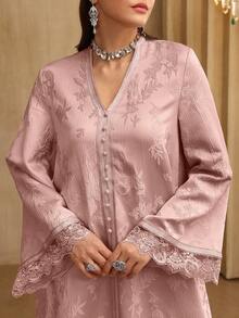 SHEIN Najma Gaun Wanita Elegan Berkerah V dengan Patchwork Pita Jacquard dan Renda Lengan Panjang Model Mengembang - Berwarna merah muda - View 4