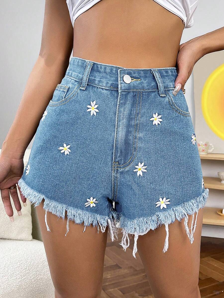Jeanoix Quần short denim ống đứng dáng rộng, gấu quần rách, đa năng, thích hợp cho mùa hè. - Rửa nhẹ - Xem 1