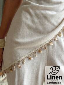 Aloruh Áo kiểu nữ mùa xuân/hè mới, vai lệch, chất liệu vải lanh, vạt áo bất đối xứng với thiết kế phối dải vải dệt, trang phục nghỉ dưỡng thường ngày thanh lịch dành cho nữ, đồ đi biển cho nữ, kỳ nghỉ hè. - Màu be - Xem 8