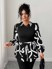 Elenzga Camisa de manga larga con cuello vuelto y estampado de color contrastante para tallas grandes - Negro - Ver 4