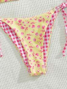 Swim Mod 女士沙滩音乐节花卉格子印花可爱打结细肩带丁字比基尼 - 彩色 - 查看 4