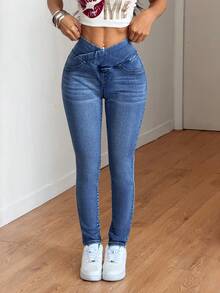 SHEIN PETITE Spring To Summer Women's Elastic Waist High-Stretch Comfortable Pre-Washed Denim Fabric Women's Gym Casual For Women Skinny Casual Jeans - Light Wash - View 3