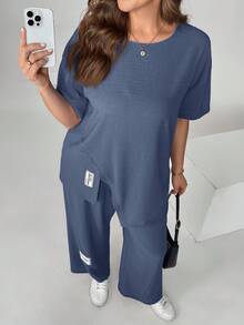 SHEIN Essnce 大码女装春夏时尚休闲宽松舒适日常质感面料两件套短袖上衣和阔腿裤紫色两件套，女士夏季穿搭，机场穿搭，女士居家套装，宽松裤套装，母女装，复古富家女装 - 霧霾藍 - 查看 5