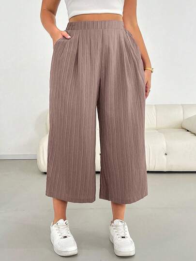 SHEIN Essnce Plus Size Women's Spring And Summer Fashion Casual Loose Comfortable Cool Daily Basic Versatile Texture Fabric Elastic Waist Pink Wide Leg Pants Cropped Pants,Women Bottom,Flowy Pants,Simlpe Style,European Summer,Capri,Vacation Outfits Woman