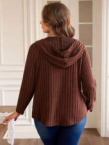 EMERY ROSE Plus Size Chocolate Brown Rib-Knit T-Shirt With Hooded Neckline,Long Raglan Sleeves,Button Detail Top Everyday Smart Casual Silky Autumn White Fall - Brown - View 7