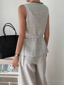 DAZY Bộ đồ mặc nhà thanh lịch kiểu thành thị dành cho nữ, gồm áo vest phối màu tương phản và quần ống rộng, thích hợp cho phái nữ. - Xám - Xem 5