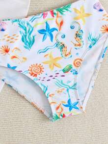 SHEIN 少女比基尼套装，海星贝壳印花三件套泳衣，带裙子，时尚优雅，适合游泳、度假、夏季穿着（印花随机） - 白色 - 查看 4