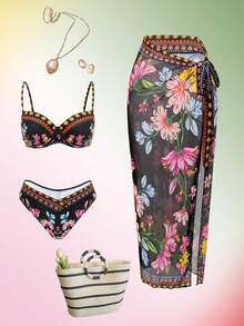 Swim Oasis Women's Sexy Push-Up Printed Bikini Set + Matching Mesh Skirt, Spring/Summer - Multicolor - View 1