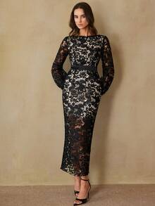 Aveloria Rosie European & American Style Fashionable Versatile Special Fabric Water-Soluble Lace Waist Cinching Long Sleeve Dress, Autumn/Winter - Black - View 5