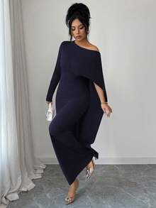 Elenzga Navy Blue Autumn Elegant Dining Asymmetric Shoulder Cape Style Long Dress,Chic Slim Fit One Off The Shoulder Lightweight Formal Gown For Women - Navy Blue - View 4