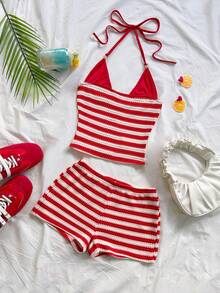 Soleia 女士春夏休闲度假红色条纹针织吊带露背上衣+复古红色条纹低腰超短裤两件套 - 紅白色 - 查看 8