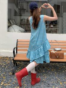 K-Vae Women's Summer Korean Retro Plaid Sleeveless Dress, Ruffle Hem Asymmetrical Tank Dress, Loose Fit Slimming Mid-Length Dress - Multicolor - View 2