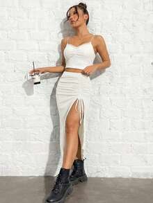 SHEIN EZwear 白色针织抽绳高开衩女士修身半身裙 - 白色 - 查看 4