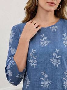 Miaspire 女士花卉刺绣休闲百搭七分袖衬衫 - 藍色 - 查看 2