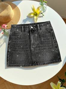 SHEIN EZwear Damen Große Größen Lässiger Denim Rock mit Strass-Verzierung, Mini, glitzernd, Frühling/Sommer, Karneval Damen Look 2026, Ausgehen, Elegante Party, Urlaub - Blau - Übersicht 2