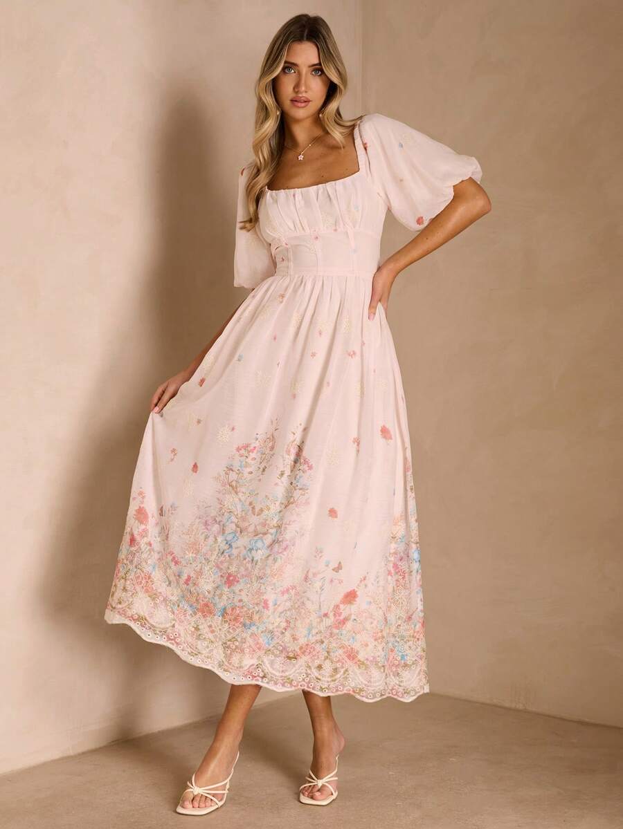 Enchnt Summer Romantic Women's White Floral Embroidery Long Dresse,Tea&Picnic Dress ,Sweet&Elegant For Vacation&Date&Holiday&Going Out,Summer Outfit Women,Pink Dress - Pink - View 1
