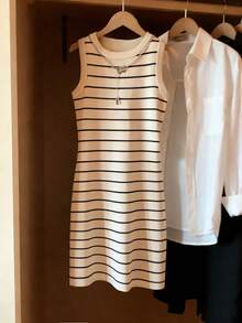 Resyla Vestido de mujer de cuello redondo ajustado sin mangas con estampado de rayas, primavera/verano - Multicolor - Ver 3