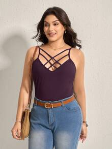 SHEIN LUNE Áo tank top nữ cỡ lớn không tay, dây mảnh, kiểu dáng tối giản, thoải mái, thích hợp cho mùa hè, với phần lưng đan chéo. - Màu tím - Xem 6